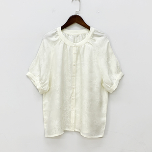 真丝花萝全萝孔短袖插肩袖衬衫 桑蚕丝纯色衬衣外套女夏季