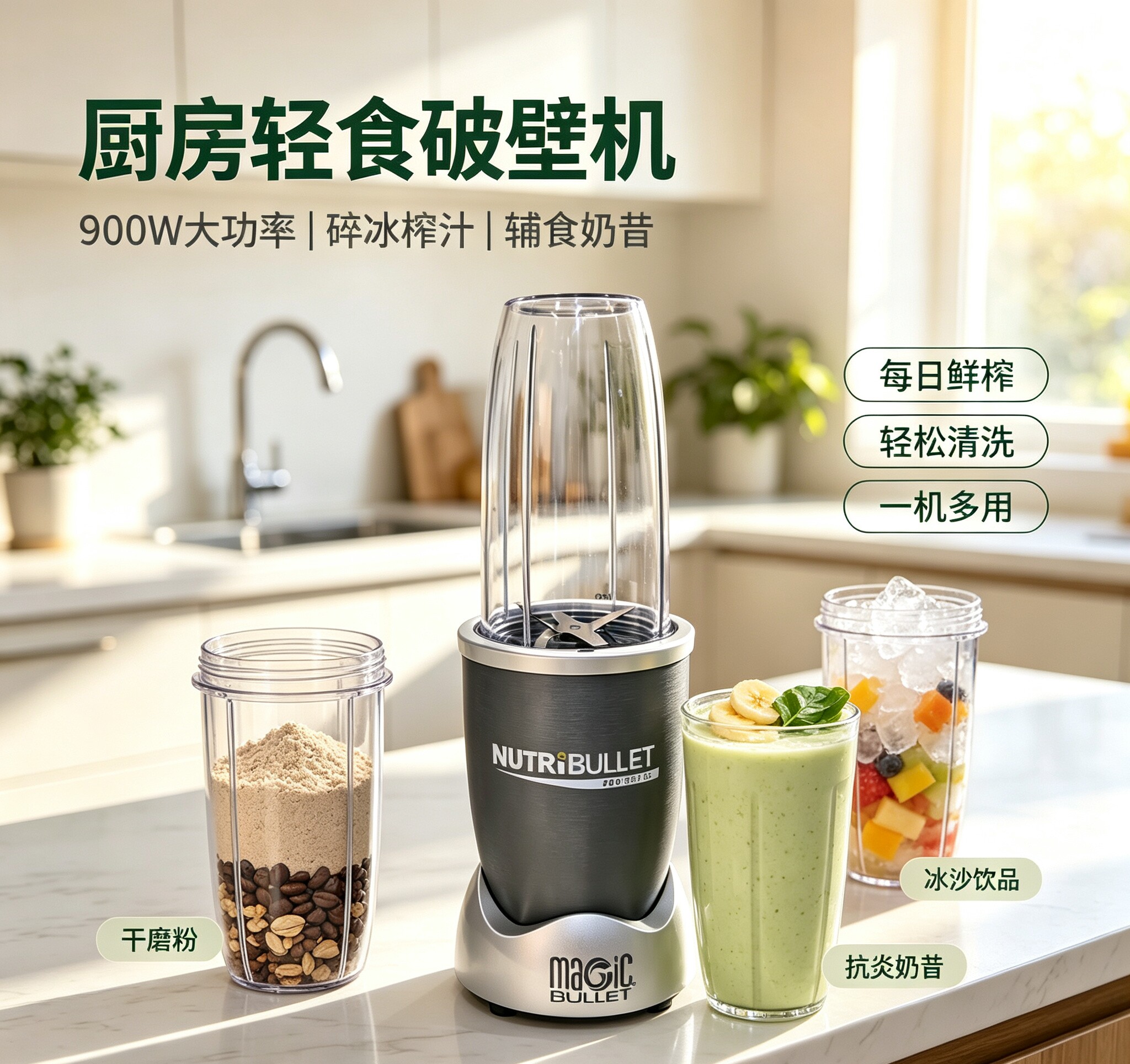 NutriBullet pro900W多功能破壁机抗炎果蔬辅食研磨奶昔榨汁机