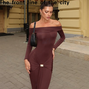 sexy hip hugging Lace 新款 fit dress秋季 抹胸一字领收腰褶 slim