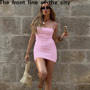 sexy fit hip hugging 抹胸一字领褶皱吊带紧 Lace dress新款 slim
