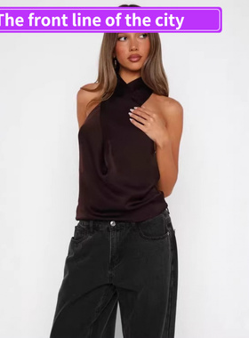 Sexy backless slit spaghetti strap top women爆款无袖缎面挂脖