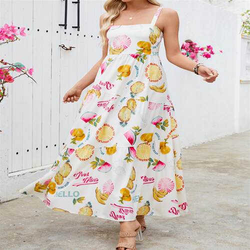 Sexy camisole graffiti print big swing dress实拍水果阳光沙滩