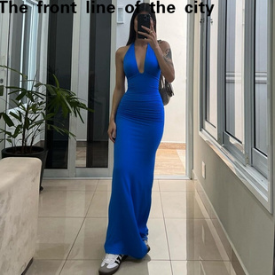 sexy hip 纯色无袖 slim V字领挂 新款 fit dress夏季 Lace hugging