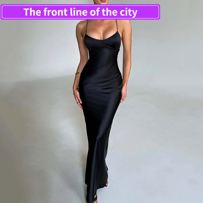 Sexy deep V ruffled slit dress时尚秋季绑带露背收腰长裙吊带缎