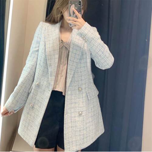 Casual loose jacket sexy dress suit for women秋季粗花呢口袋