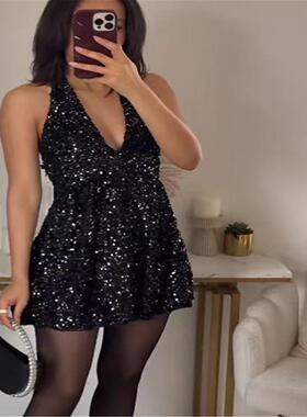 deep V backless sequined tank top sexy slim fit dress挂脖V领