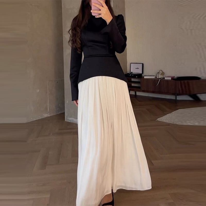 Fashionable top hip wrap skirt set纯色时尚高腰拼接设计撞色连