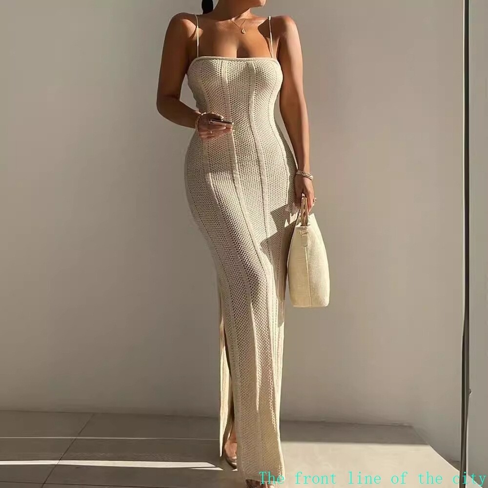 Sexy lace satin dress suit for women针织毛衣连衣裙纯欲风露背