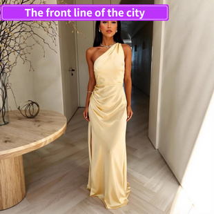 for Sexy Women现货斜领纯色开叉收腰 Dress Fashion Split Strap