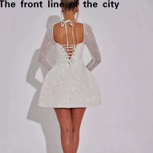 sexy fit hip hugging A字裙女冬 Lace dress高级感亮片长袖 slim