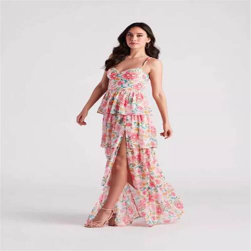 Sexy Deep V Flower Dress Printed Satin Vacation Long Dress春