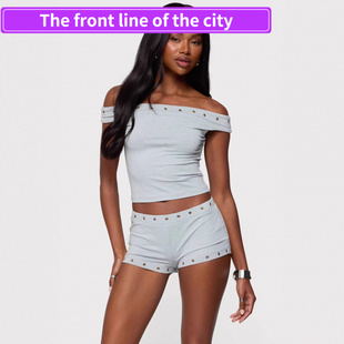 Sexy backless slit spaghetti strap top women绝美一字肩短袖短