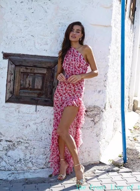 Floral sexy casual bubble dress时尚斜领荷叶边不规则连衣裙风