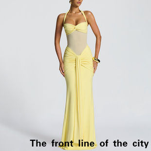 Deep V-silk soft satin waist cinching sexy dress背包臀连衣裙
