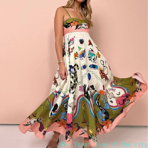 Printed slim fit cotton linen sexy bubble dress棉麻吊带涂鸦