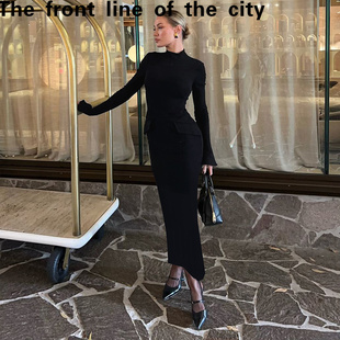 sexy hip hugging Lace 时尚 fit dress秋冬新款 气质半高领长 slim