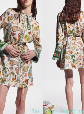 Printed slim fit cotton linen sexy bubble dress名媛翻领系带