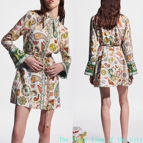 Printed slim fit cotton linen sexy bubble dress名媛翻领系带