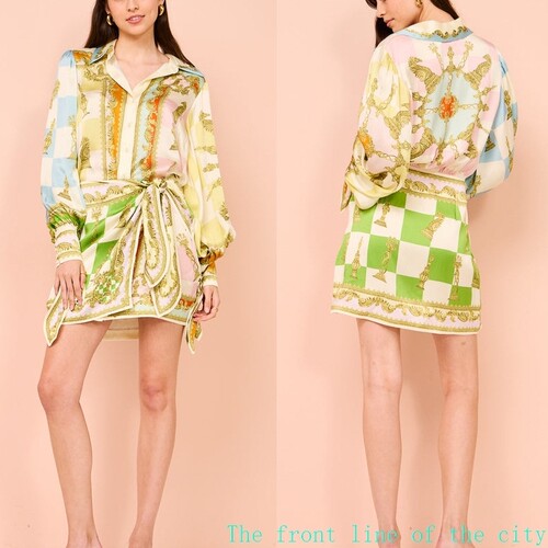 Printed slim fit cotton linen sexy bubble dress2024灯笼袖定