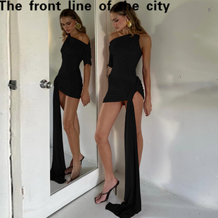 sexy hip hugging Lace 纯色斜肩单袖 fit dress新款 不对称飘 slim