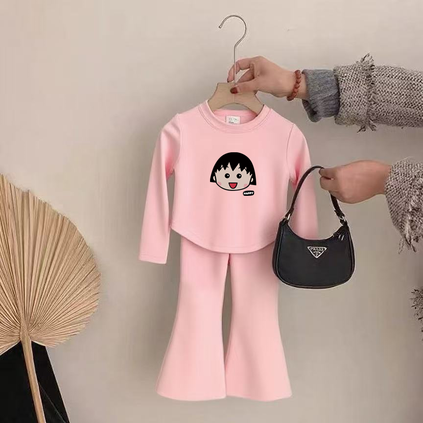 女童长袖套装春秋季新款卡通印花圆领t恤衫宝宝休闲百搭喇叭裤潮