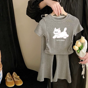 新款 夏季 卡通印花圆领t恤衫 宝宝休闲薄款 女童短袖 洋气九分裤 套装