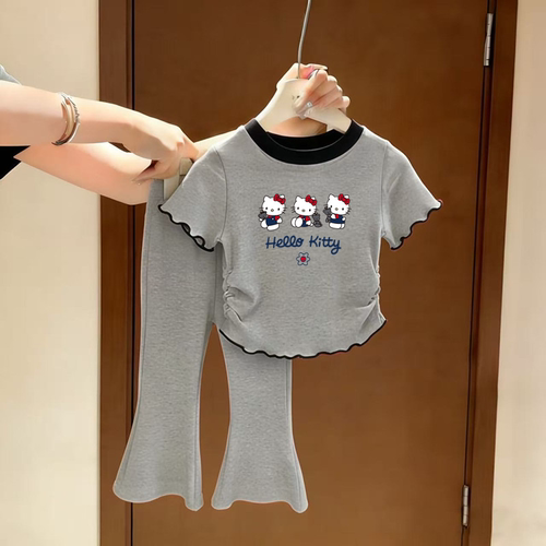 女童短袖套装夏季新款印花圆领木耳边洋气半袖衫宝宝休闲薄款长裤