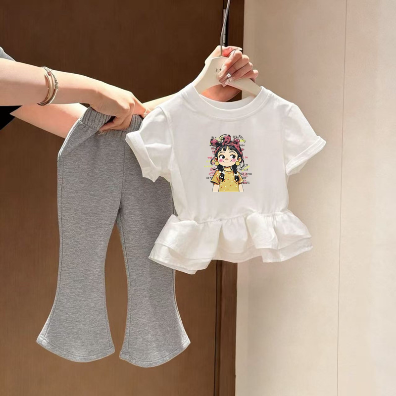女童短袖套装夏季款卡通印花圆领薄款洋气t恤宝宝休闲百搭喇叭裤