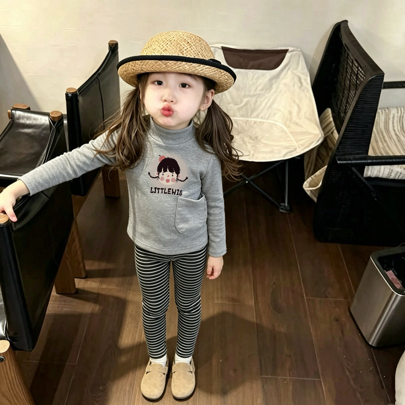 女童长袖套装春秋季新款卡通印花磨毛半高领上衣宝宝洋气打底长裤