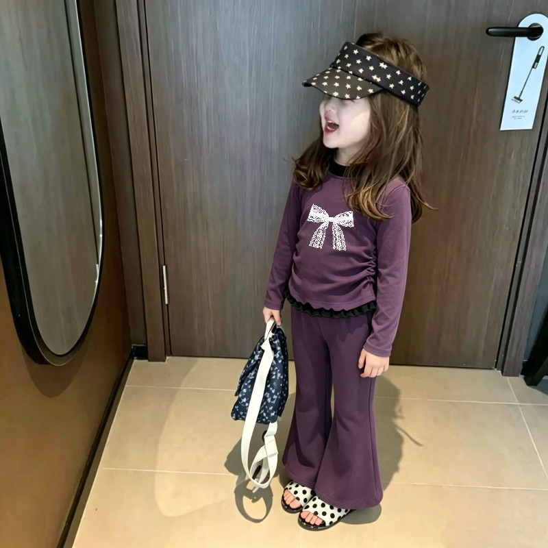 女童长袖套装春秋季新款印花撞色褶皱薄款上衣宝宝休闲百搭喇叭裤