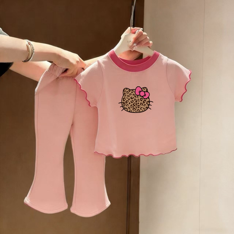 女童短袖套装&middot;夏季款卡通圆领木耳边薄款上衣宝宝洋气百搭喇叭裤