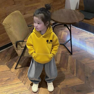 儿童卫衣套装秋冬季新款卡通印花加绒连帽绒衫男女童宝宝宽松长裤