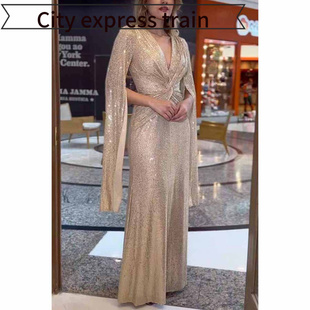 embroidered sequined dres秋冬聚会亮片个 neck sexy Women