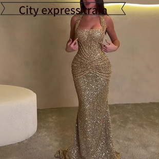embroidered sequined dres春夏亮片挂脖连 neck sexy Women