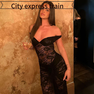 sexy slit dress Strapless women秋季 fit for 性感拼接环肩 slim