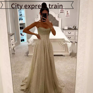 embroidered sequined dres春秋烫金吊带大 neck sexy Women