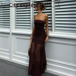 sexy slit dress Strapless women风性感抹胸无袖 fit for 褶 slim