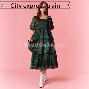 embroidered sequined neck dres秋冬圣诞节格纹 Women sexy