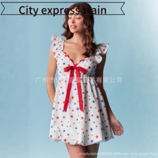 embroidered sequined neck dres春夏独立日领飞 Women sexy