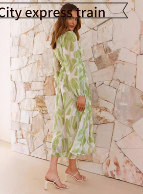 eck long bubble sexy dress雪纺印花长袖长领薄纱碎花长袖连衣裙