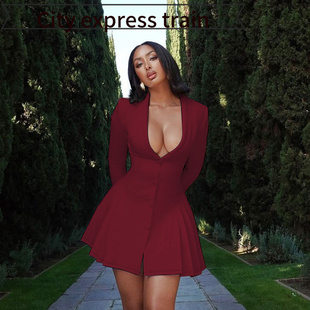 sexy slit dress Strapless women纯色性感深西装 fit for 领 slim