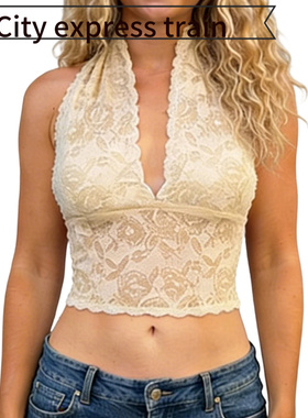 Lace sexy satin camisole top妹镂空蕾丝修身性感深露背挂脖上衣