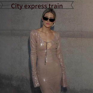 embroidered sequined dres高端亮片领露背 neck sexy Women