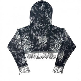 Printed Loose Gray Hooded Sweatshirt Top民族风披肩复古流苏旗