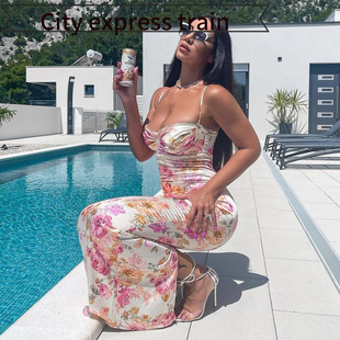 hollow dress风印花修身 pleated fit 露背吊带连衣裙性 slim Sexy