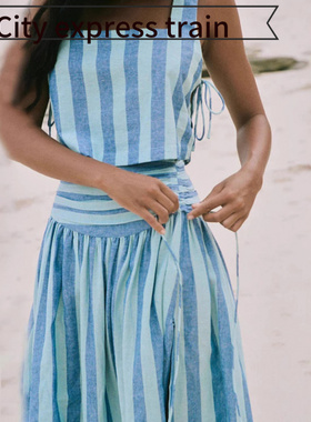 Printed casual linen loose sexy dress蓝色条纹年半身裙女优雅