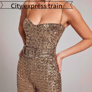embroidered sequined dres秋冬性感链条腰 neck sexy Women
