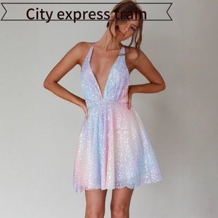 embroidered sequined dres性感吊带亮片蝴 neck sexy Women