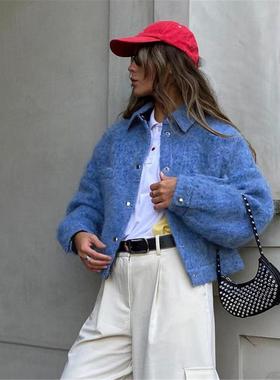 Printed Bubble Lace Loose Casual Dress冬季克莱因蓝色翻领长袖