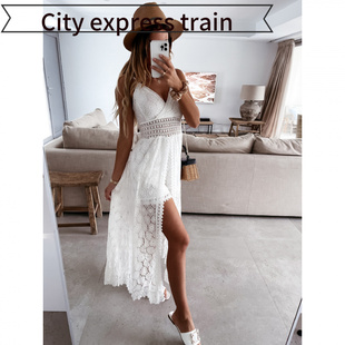 embroidered sequined dres性感吊带拼接休 neck sexy Women